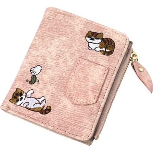 Women Short Wallets Jeans Style Cat Embroidered Canvas Clutch Large Capacity Buckle Fashion Coin Purse Coach Women Handbags