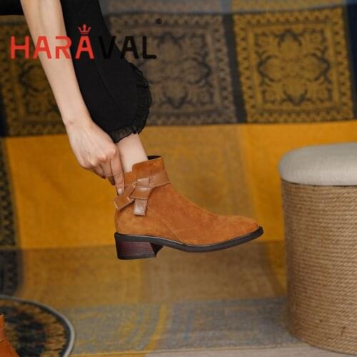 HARAVAL Women Ankle Boots Shoes Thick Heels Black Brown Kid Suede Motorcycle Boots Shoes Solid Autumn Winter Elegant Boots E417L
