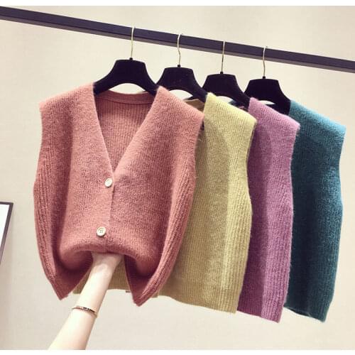 Women Spring New Fashion Solid Knitted Vest Female Loose Casual Sleeveless Cardigans Ladies V-neck Single-breasted Sweater Z148