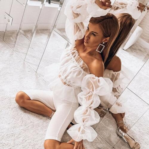 UK Women Cropped Tops Tee Casual Mesh Puff Sleeve Slim Fit Lace Elegant Casual Loose Crop Tops T-shirts