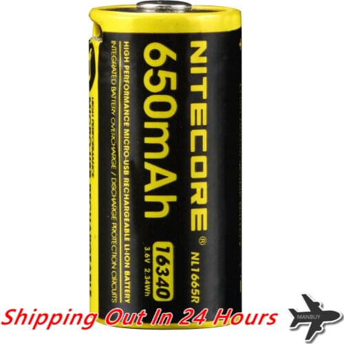2018 NITECORE NL1665R 650mAh 16340 CR123 Built-in Micro-USB Charge Port Rechargeable Li-ion Battery 3.6V 2.34Wh High Performance