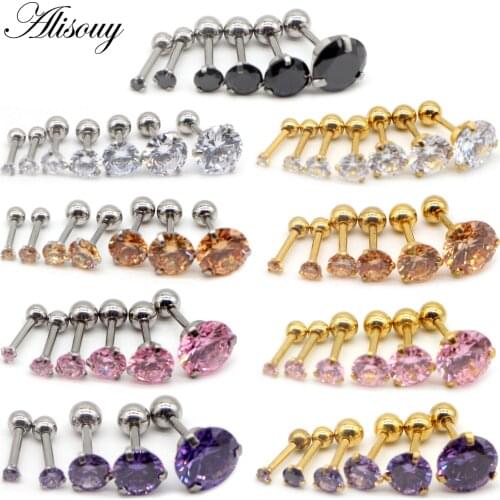Alisouy 1pc 16G 2-8mm Round Clear Pink Purple Crystal ear jewlery Piercing Steel Ear Cartilage Piercing ear plug Body Jewelry