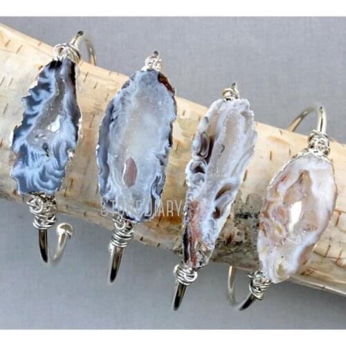 BM14710 Agate Geode Slice Bracelet Cuff Minimalist Silver Agate Stone Bracelet Boho Druzy Jewelry Bohemian Accessories