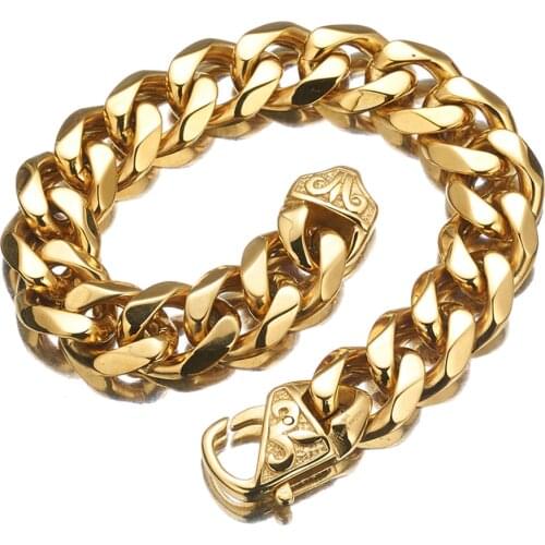 12/15mm Charming Jewelry 316L Stainless Steel Gold Tone Women Men Cuban Curb Link Chain Bracelet Wristband 7-11" Fashion Buckle