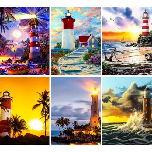 DIY 5D Diamond Painting Scenery Seaside villa Lighthouse Cross Stitch Kit Full Embroidery Mosaic Picture Rhinestones Decor Gift