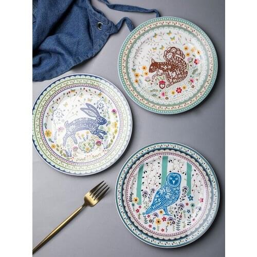 European-style creative bone china plate home western food plate salad flat plate gourmet plates pastoral jungle animal pattern