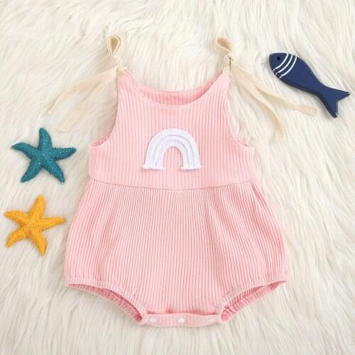 Newborn Sleeveless Ribbed Romper, Baby Girls Clothes Tie-up Arch Bridge Pattern U-shaped Neck Playsuit Summer Clothes