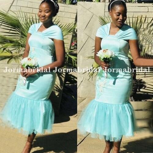 Short Mermaid Bridesmaid Dresses With Cap Sleeves 2021 Tea Length Tiffany African Wedding Guest Dress Women Formal Party Gowns