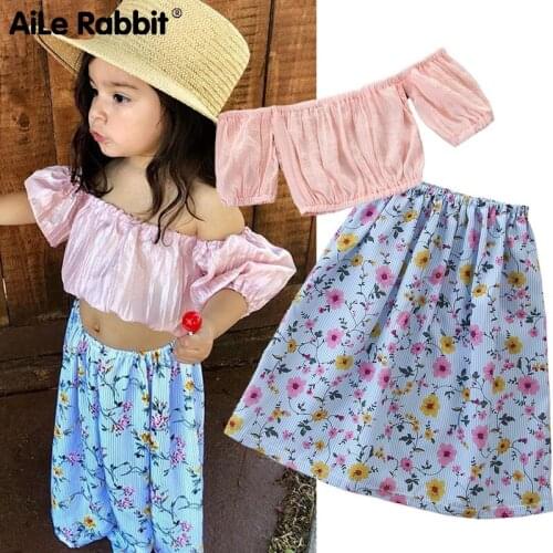 Girls Suit Pink One-shoulder Top Floral Flower Skirt Childrens Wear Set Ins Suit For Girls Kid Clothes