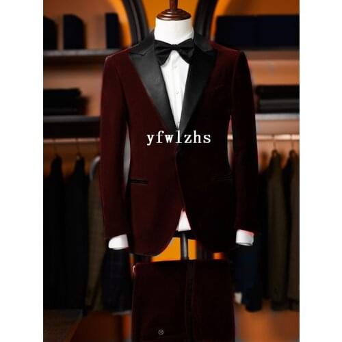 Handsome Groomsmen Velveteen Groom Tuxedos Wedding Dress Men Suits Blazer Prom Dinner (Jacket+Pants+Tie) K353