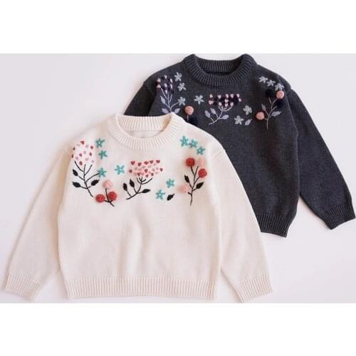 2021 New Autumn Baby Girls Knitted Pullovers Sweaters Embroidery Floral Children Cute Tops Sweater