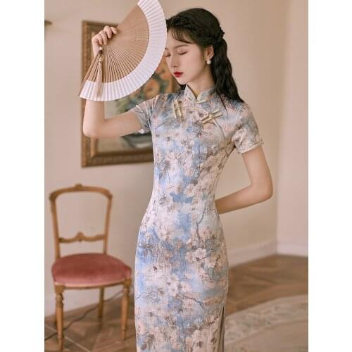Make spot daily modified printing qipao dress very long money restoring ancient ways