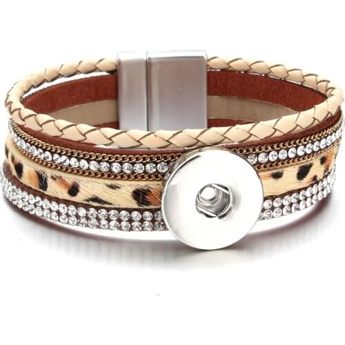 New Snap Button Jewelry Bracelet Handmade Braided Crystal Rhinestone Leopard Leather Snap Bracelet Fit 18mm Snap Buttons Jewelry