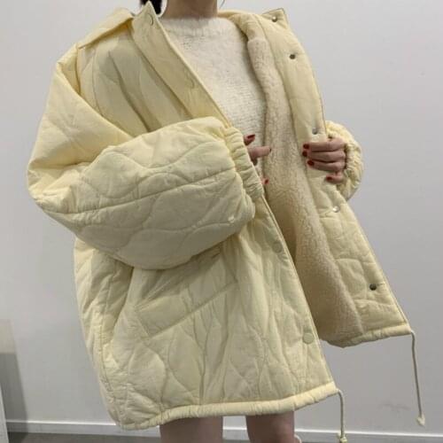 Imitation Lamb Velvet Splice Fashion Parka Coat Sweet Loose Drawstring Single Breasted Thick Warm Cotton-padded Coats Woman