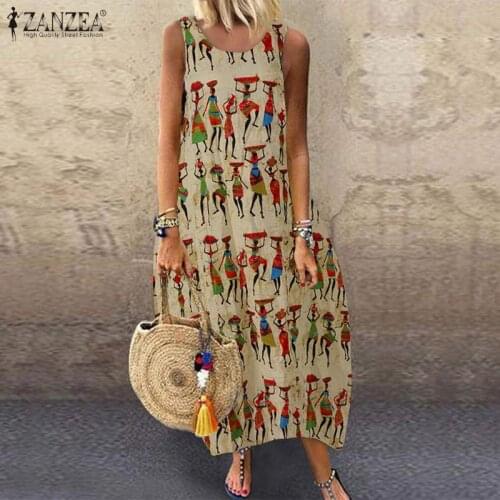 ZANZEA 2021 Summer Women Vintage Printed Dress Casual Sleeveless Sundress Loose Cotton Linen Dresses Sarafans Robe Tanks Vestido