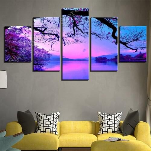 Full square round diamond 5 Pieces Purple Sunset Trees Lake Landscape Pictures Diamond art 3D diy Diamond painting FF3029