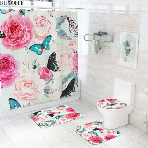 Butterfly Flowers 3D Shower Curtain Polyester Frabic Bathroom Curtains Bath Mat Set Non-Slip Pedestal Rug Toilet Cover Mats