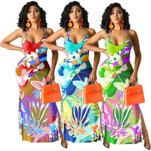 Floral Flower Print Vintage Long Party Dress Women Deep V Neck Sleeveless Bohemian Dress Summer Female Casual Vacation Dresses