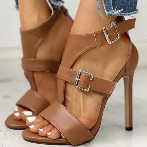 Fashion Women High Heels Sandals T-strap Summer Sandals Woman Shoes Brown Sexy Fish Mouth Buckle Sandals Female Footwear Shoes