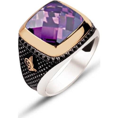 Silver Amethyst Gemstone Ottoman Tuğralı Male Ring