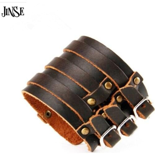 JINSE Punk Wide Genuine Leather Bracelet Jewelry Retro Three Rows Buckles Rivet Leather Bracelet & Bangle PSL019
