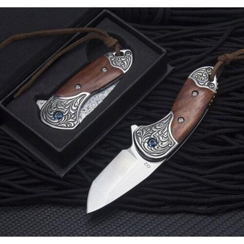 Mini Ball Bearing Folding Pocket Knife D2/Damascus Blade Natural Rosewood Handle Camping Hunting Survival Knives EDC
