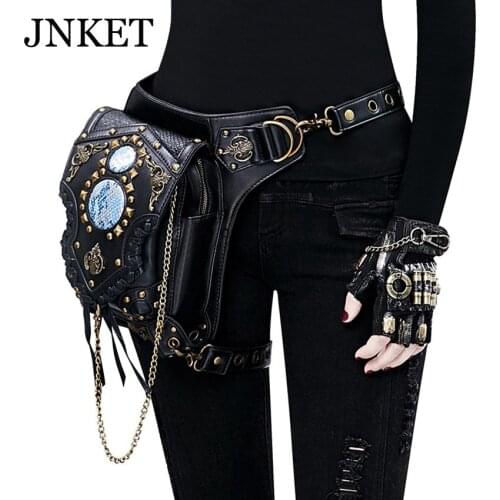 JNKET New Women Steam Punk Waist Bag Chain Shoulder Bags PU Leather Crossbody Bags Large Capacity Sling Bag