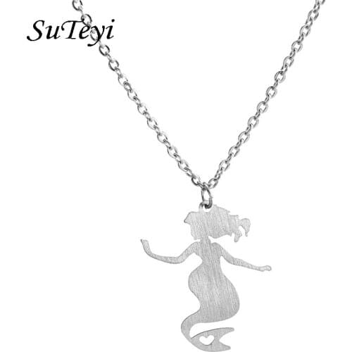SUTEYI 3 Colors Mermaid Stainless Steel Pendant Necklaces For Girls Women Cute Cartoon Fairy Jewelry