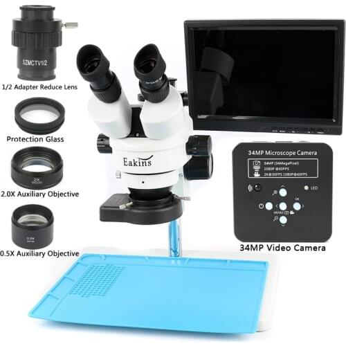 Simul-Focal 3.5-90X Trinocular Stereo Microscope 34MP HDMI USB Industrial Camera Digital Recorder 10.1" LCD 144LED Ring Light