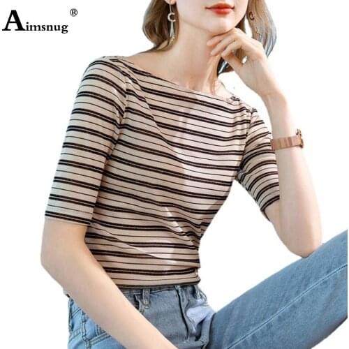 2021 New Summer Leisure Tops Romantic France Style Women Stripe Print T-Shirt Female Tees Clothing Half Sleeve Casual Shirt