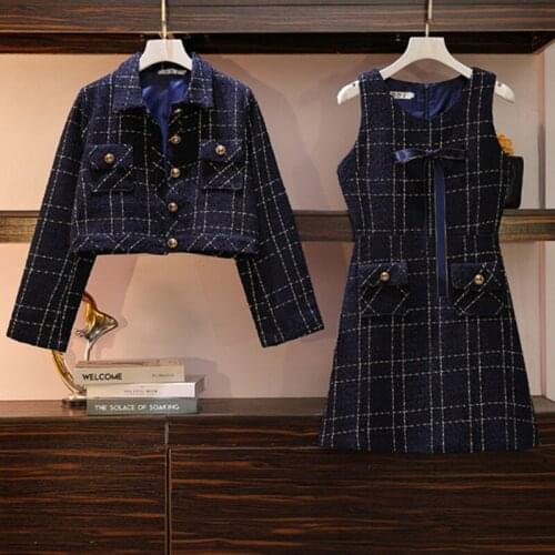 Korean Version 2021 Autumn New Pattern Women Fashion Plaid Single Breasted Lapel Coat+Bow Vest Dress Two-Piece Suit For Office