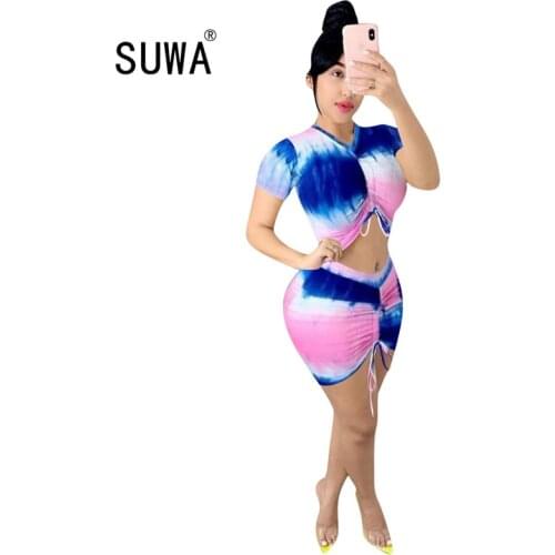 Summer festival clothes women 2 pieces skirt lounge set short sleeve tie dye t shirt top + bodycon skirts party club chic suit