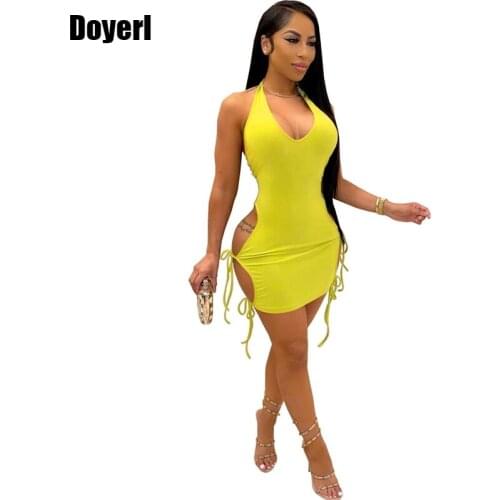 2021 Summer Dress Women Party Bodycon Dress Side Lace Up Hollow Out Halter Backless Mini Sexy Dress Night Club Outfits for Women