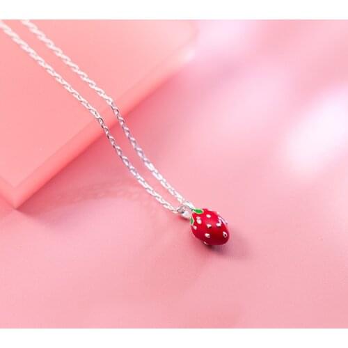 MloveAcc Authentic 925 Sterling Silver Sweet Strawberry Red Enamel Charm Pendant Necklaces for Women Girls Fine Jewelry