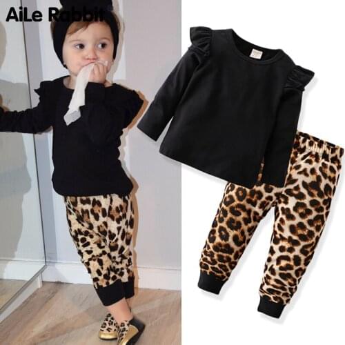 2019 Autumn Girls' Clothes Set Long Sleeve T-Shirt Leopard Pants 2 Piece Set Fashion INS Flying Sleeve Top For Baby Clothes