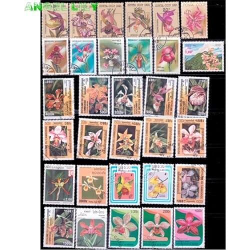 50 PCS All Different Orchid Topic Plants Flowers Unused Marked Post Stamps Colltcting