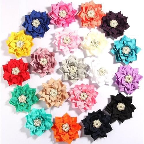 60PCS 7.5CM 2.95" Hot Lotus Fabric Flowers With Pear Rhinestone Center Hair Accessories Hair Flower For Clips Wedding Bouquet