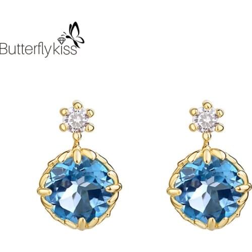 BK New Trendy Blue Topaz Women’s Earrings 100% 925 Sterling Silver With Zircon Vintage Elegant Girl Round Wedding Fine Jewelry