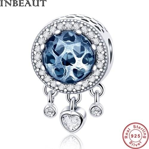 INBEAUT 925 Sterling Silver Bright Blue Cubic Zirconia Heart Beads Pure S925 Silver 3 White Zircon Charm fit Original Bracelet
