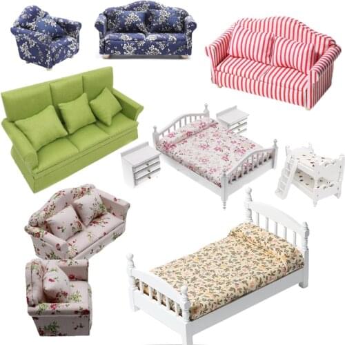 Miniature Furniture Wooden Dollhouse Sofa Bed Cute Room Doll House Casa Toys Kit for Children Adult Gifts