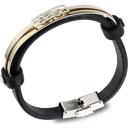 2021 Fashion Jewelry Golden Stainless Steel Leather Bracelet Charm Retro Titanium Steel Music Symbol Bracelet for Men Pulsera