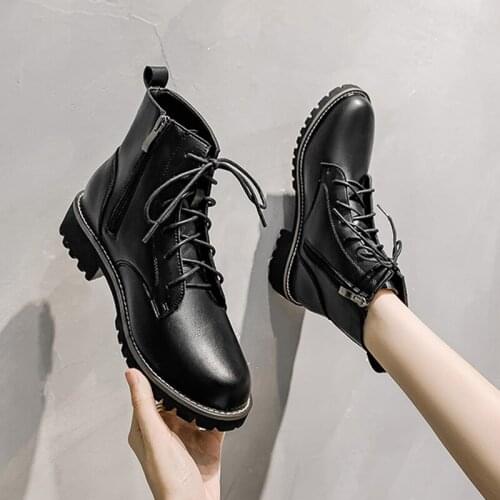 Fashion Women Moto Boots Girl Stundents Mid Heels Boots Lace Up Side Zipper Riding Boots Ankle Flats Booties