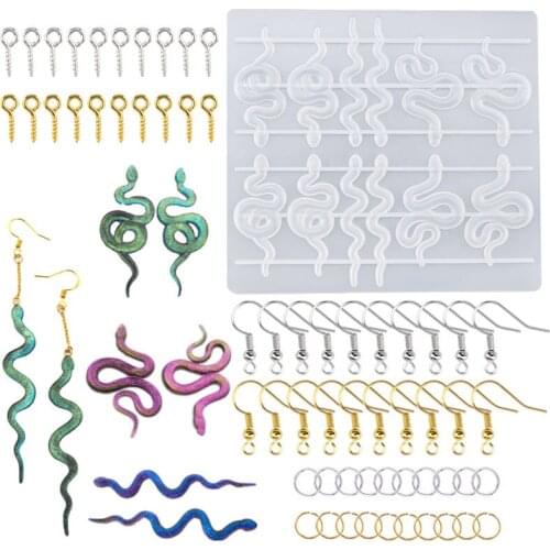 Snake Shape Transparent Epoxy Resin Molds Set Include Ear Hook Opening Rings Snake Silicone Mold For Keychain Earring Making DIY