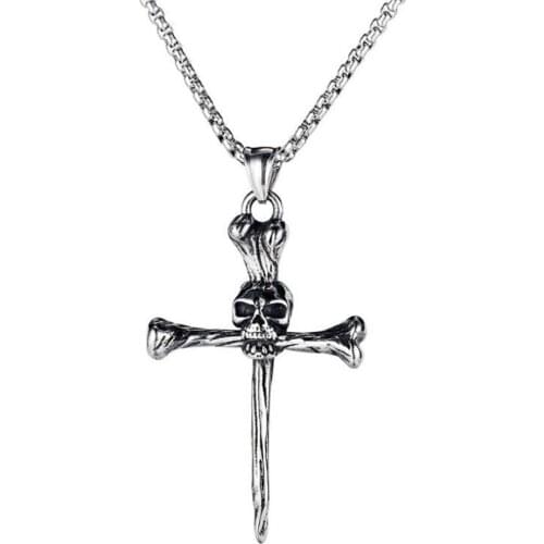 Stainless Steel Black Vintage Skull Cross Bone Pendant Necklace MenS Christ Cross Necklaces Punk Rock Jewelry For Him