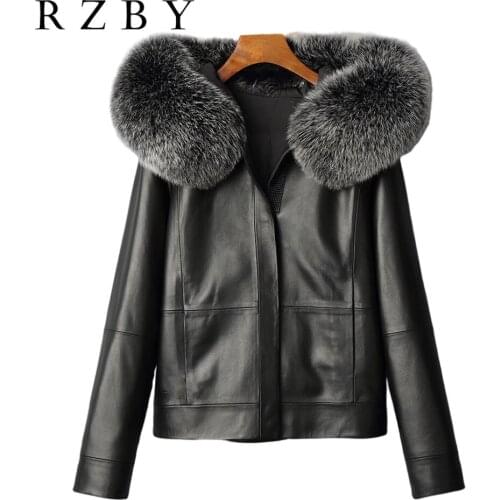 Women Jackets Sheepskin Genuine Leather пальто женское Real Leather Coat Female Fox Hair detachabl Collar Motorcycle Top RZBY258