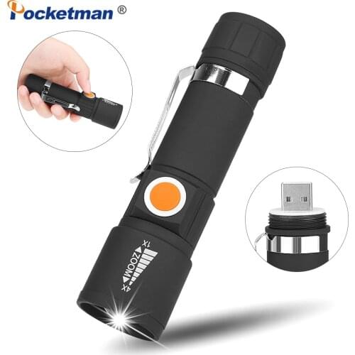 Portable Flashlight Tail USB Torch Portable Zoom LED Torch Waterproof Flashlight of 3 Modes with Built-in Battery for Camping