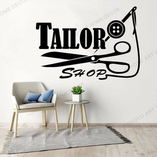 Self-adhesive Wall Decal Tailor Shop Logo Threads Needle Scissors Retro Pattern Vinyl Removable Window Wall Stickers JC142