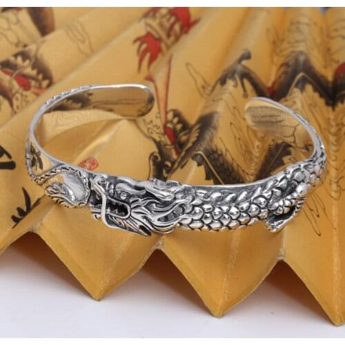 Handmade Thai Silver Dragon Bangle Vintage 100% 925 Sterling Dragon Cuff Bracelet Real Siver Dragon Bangle