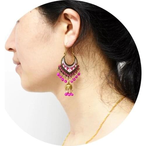 Vintage Bohemian Colorful Beads Jhumka Earrings For Women Ethnic Carved Water Drop Metal Tassel Indian Earrings Korea Oorbellen