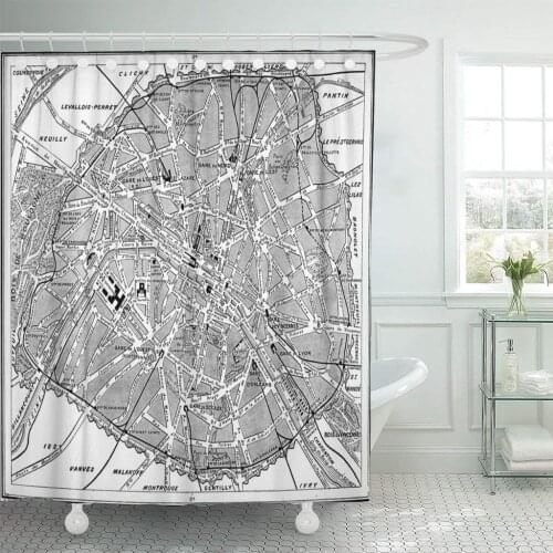 Old Map of Paris France Vintage Engraving Black White Shower Curtain Waterproof Polyester Fabric 60 x 72 Inches with Hooks